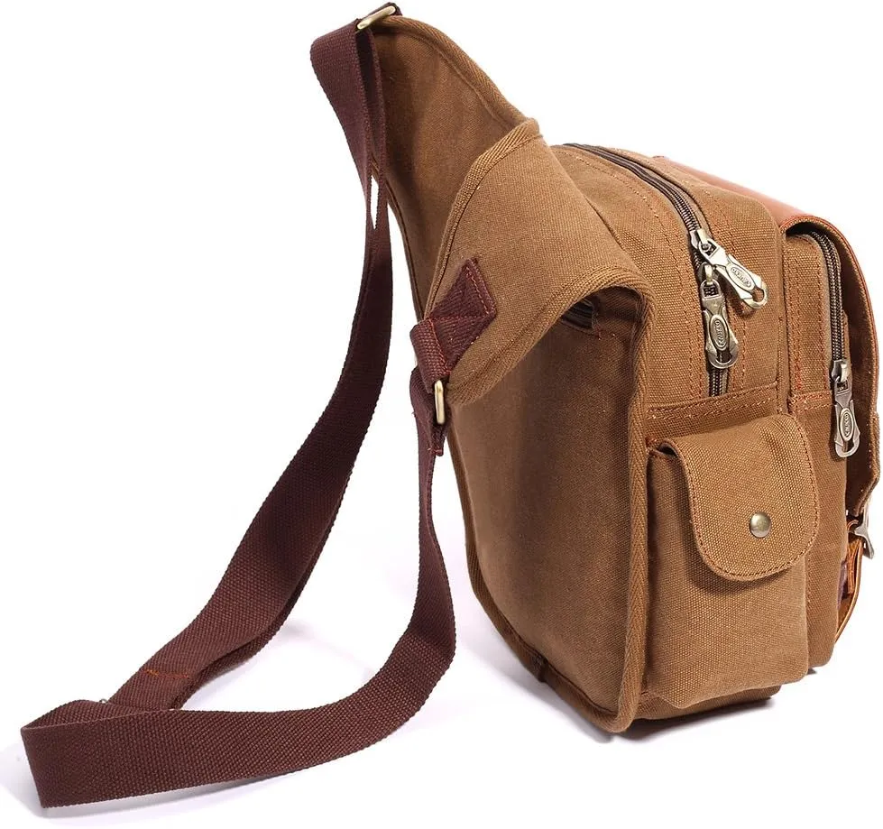 Mens Vintage Canvas Shoulder Messenger Bag Chest Leather Patchwork Messenger Bag