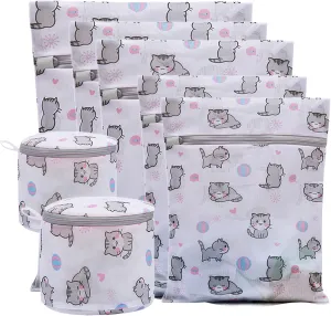 Mesh Laundry Bags,Set of 7 Delicate Laundry Bag for Washing Machine,Clothing Washing Bags with cat Prints,Garment Bags for Laundry,Lingerie Bag,Travel Storage Organize Bag (CAT)
