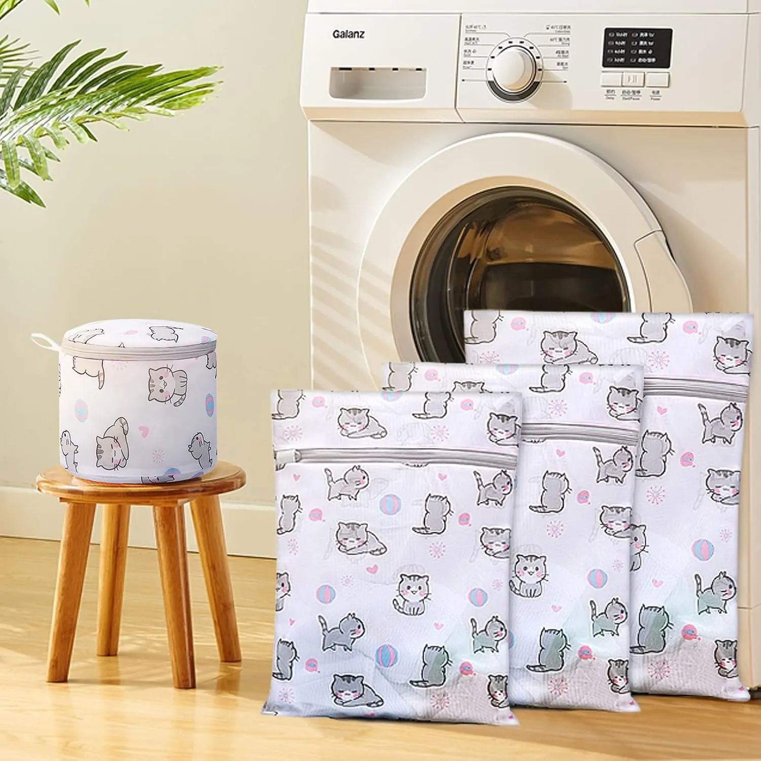 Mesh Laundry Bags,Set of 7 Delicate Laundry Bag for Washing Machine,Clothing Washing Bags with cat Prints,Garment Bags for Laundry,Lingerie Bag,Travel Storage Organize Bag (CAT)