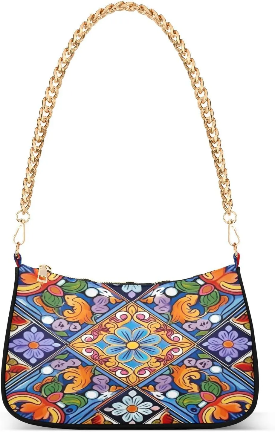 Mexican Ceramic Tile Shoulder Bag for Women, Handbag with Chain Strap, Soft Purse Tote Bag for Ladies