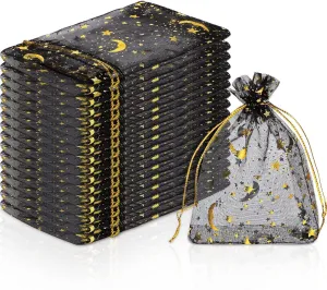 Mimind 200-Piece Organza Gift Bags with Moon Stars and Drawstrings - Perfect for Wedding, Birthday Parties (3.5 x 4.7 Inches, Black)