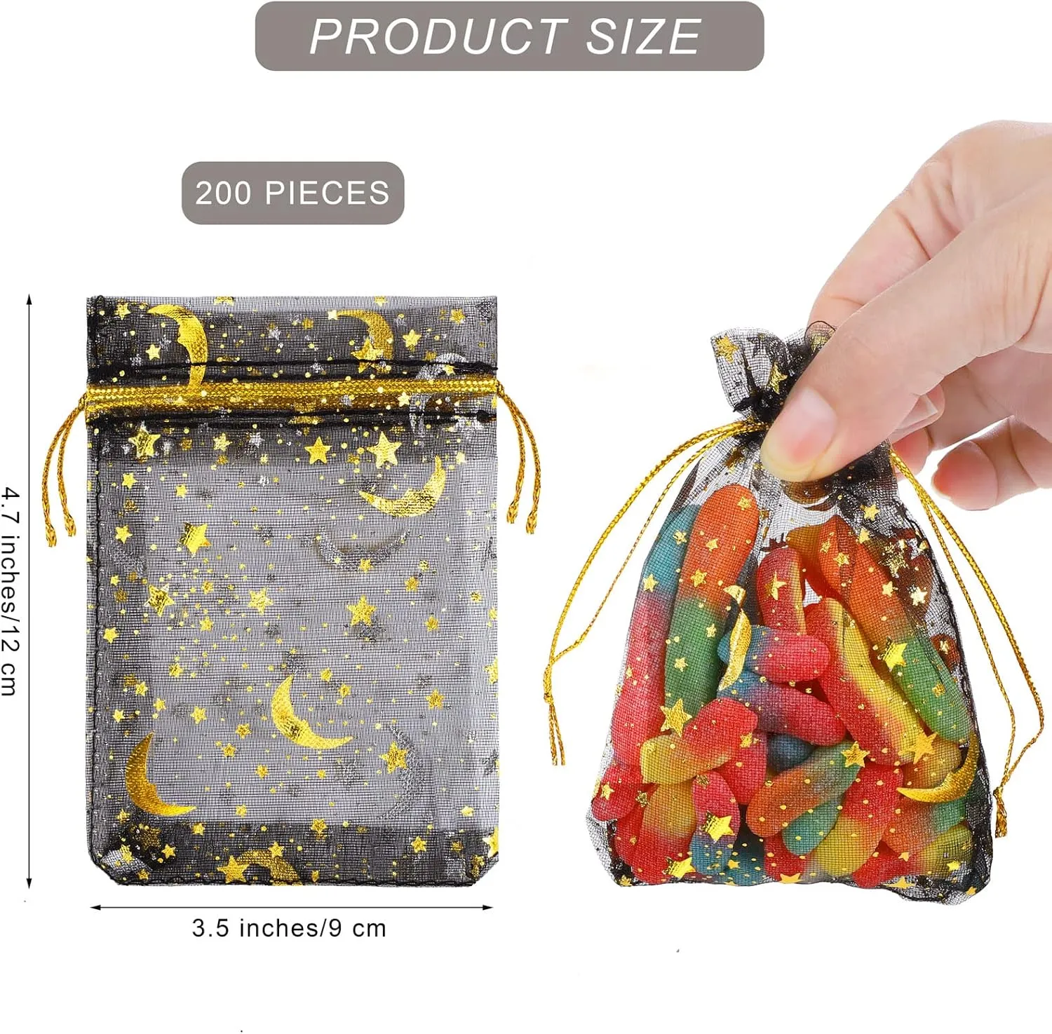 Mimind 200-Piece Organza Gift Bags with Moon Stars and Drawstrings - Perfect for Wedding, Birthday Parties (3.5 x 4.7 Inches, Black)