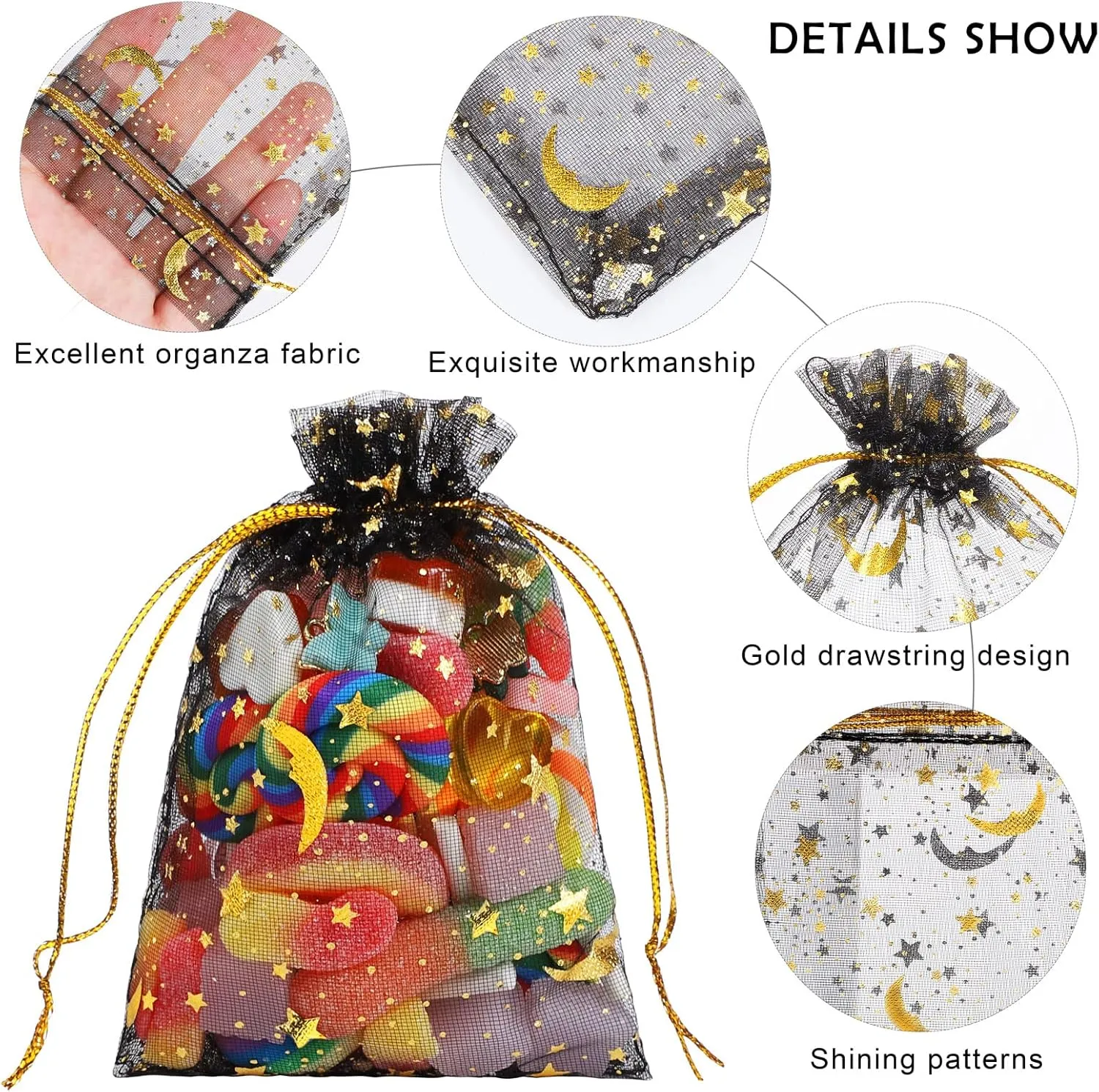 Mimind 200-Piece Organza Gift Bags with Moon Stars and Drawstrings - Perfect for Wedding, Birthday Parties (3.5 x 4.7 Inches, Black)