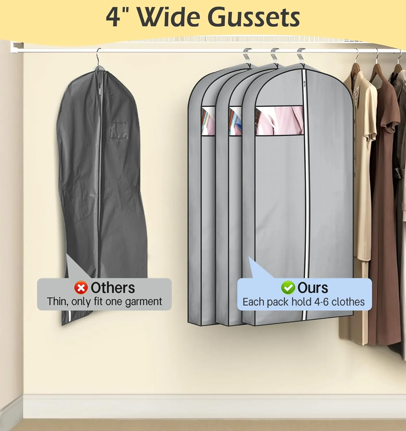 MISSLO 4" Gusseted Garment Bags for Hanging Clothes 43" Suit Bags for Closet Storage Waterproof Suit Cover Bags Hanging Clothes Storage Bag, 3 Packs