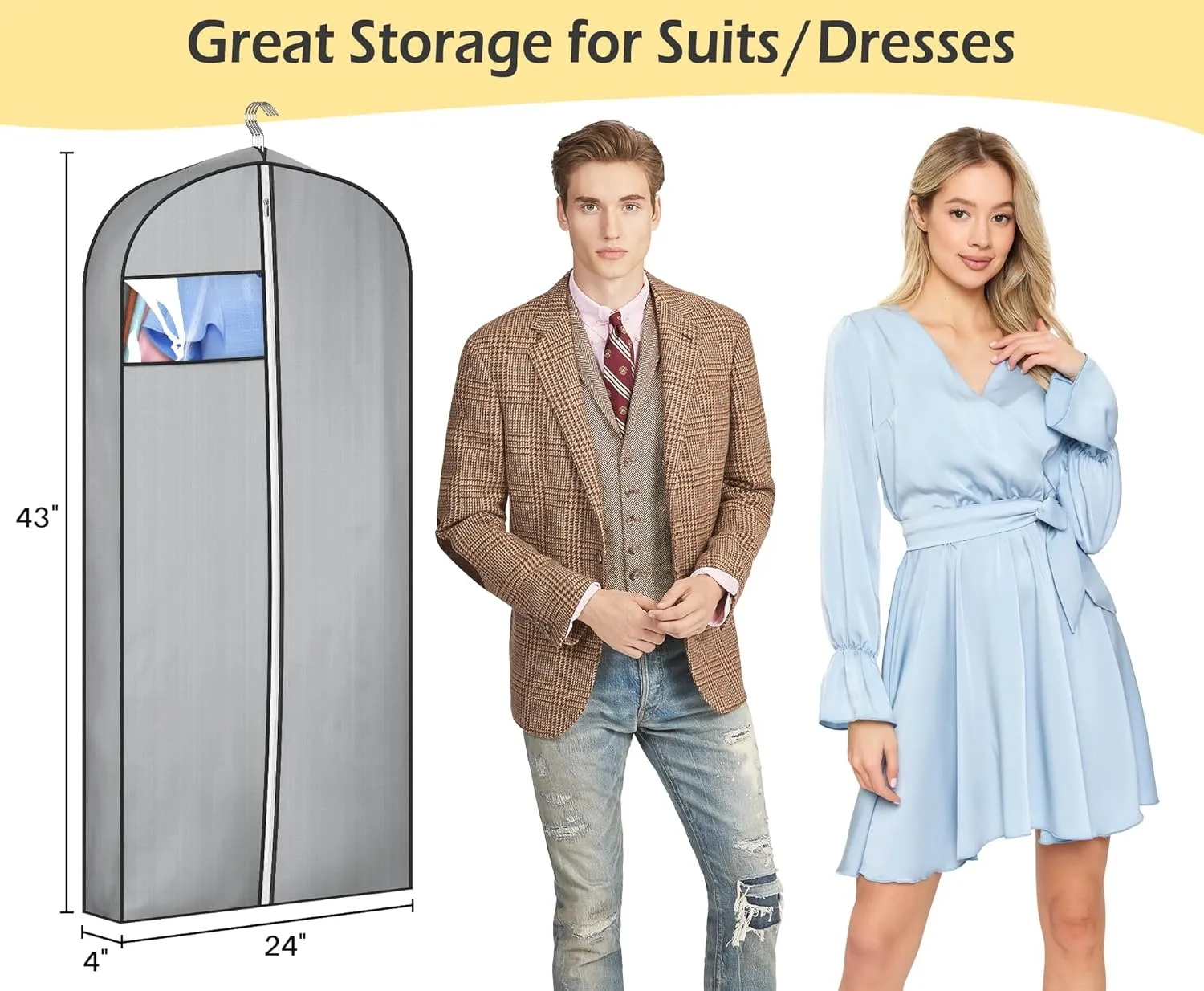 MISSLO 4" Gusseted Garment Bags for Hanging Clothes 43" Suit Bags for Closet Storage Waterproof Suit Cover Bags Hanging Clothes Storage Bag, 3 Packs
