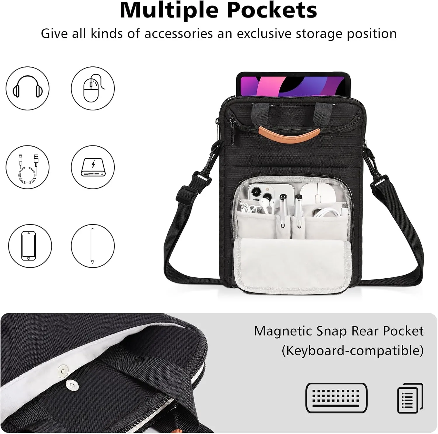 MoKo 12.9 Inch Tablet Sleeve Bag Carrying Case Fits 13 Inch New iPad Pro M4 & Air M2 2024, iPad Pro 12.9 inch M2&M1, Galaxy Tab S9/S8 Plus 12.4, with Shoulder Strap, Handle and Pockets, Black
