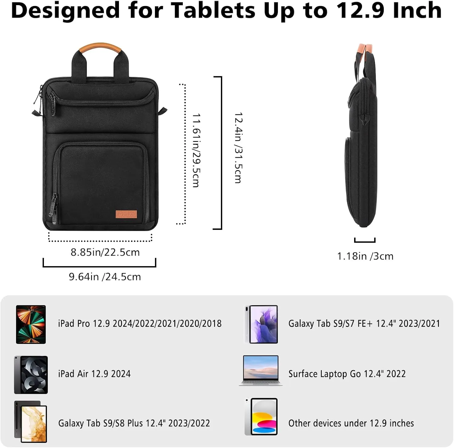 MoKo 12.9 Inch Tablet Sleeve Bag Carrying Case Fits 13 Inch New iPad Pro M4 & Air M2 2024, iPad Pro 12.9 inch M2&M1, Galaxy Tab S9/S8 Plus 12.4, with Shoulder Strap, Handle and Pockets, Black