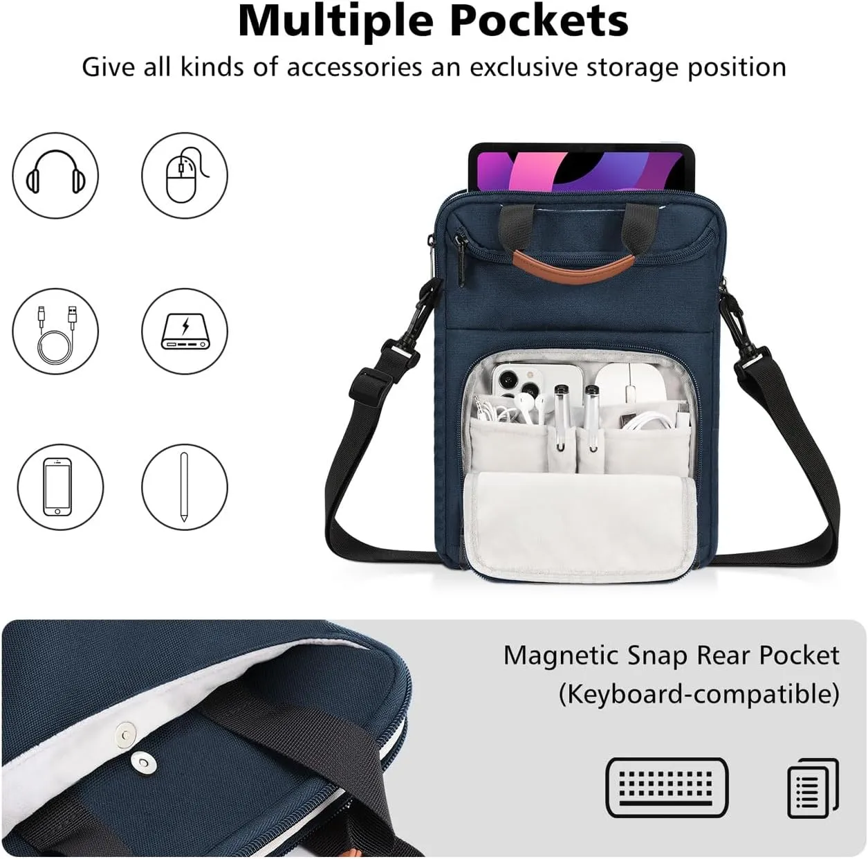 MoKo 9-11 Inch Tablet Sleeve Bag - Carrying Case Fits iPad Air, Pro 11, Tab S8/S9, with Shoulder Strap, Handle and Pockets, Indigo