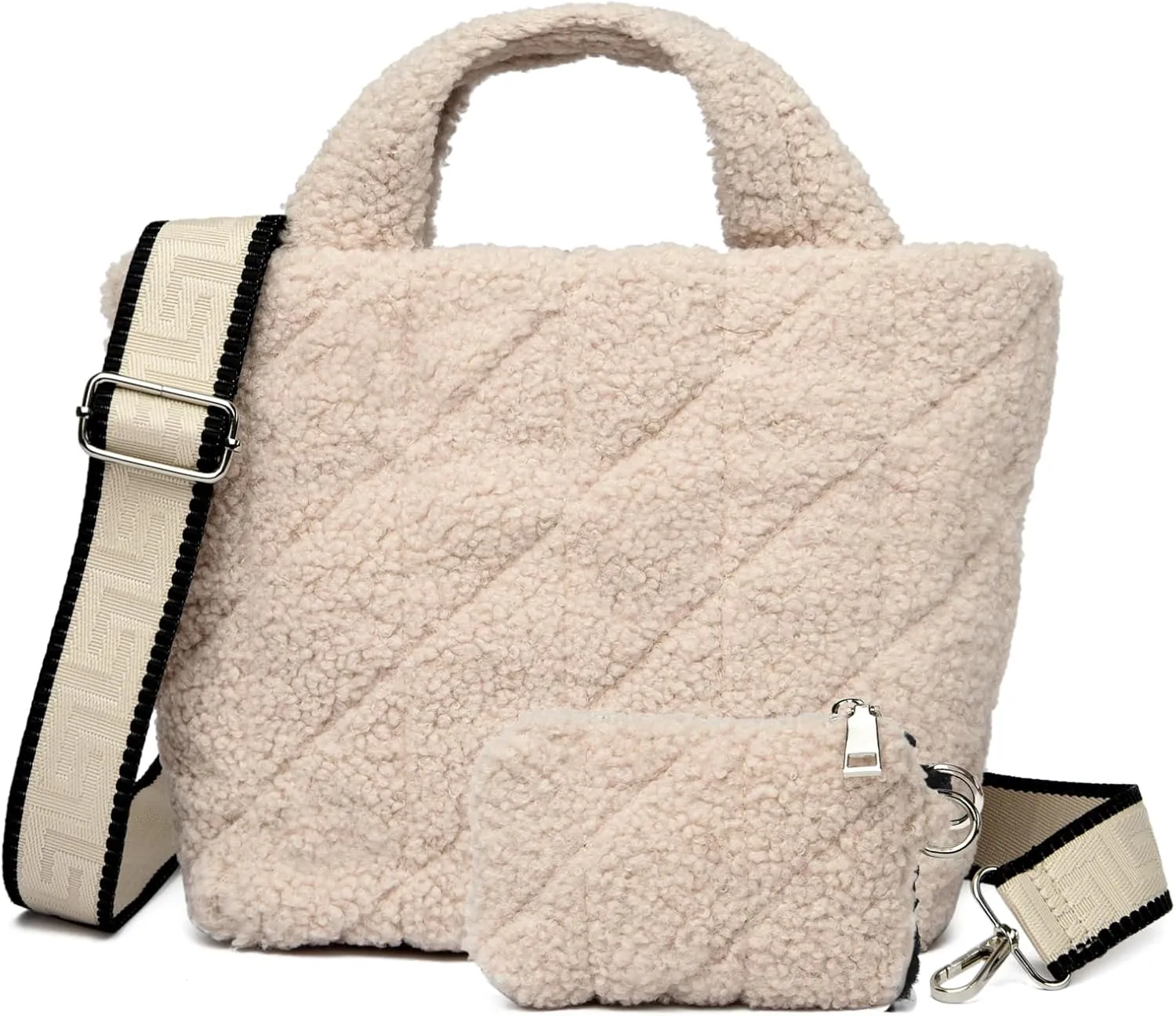 MYHOZEE Small Sherpa Tote Bag, Flurry Crossbody Bags for Women Quilted Fleece Purse Fuzzy Plush Winter Handbags