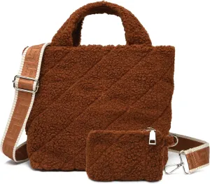 MYHOZEE Small Sherpa Tote Bag, Flurry Crossbody Bags for Women Quilted Fleece Purse Fuzzy Plush Winter Handbags