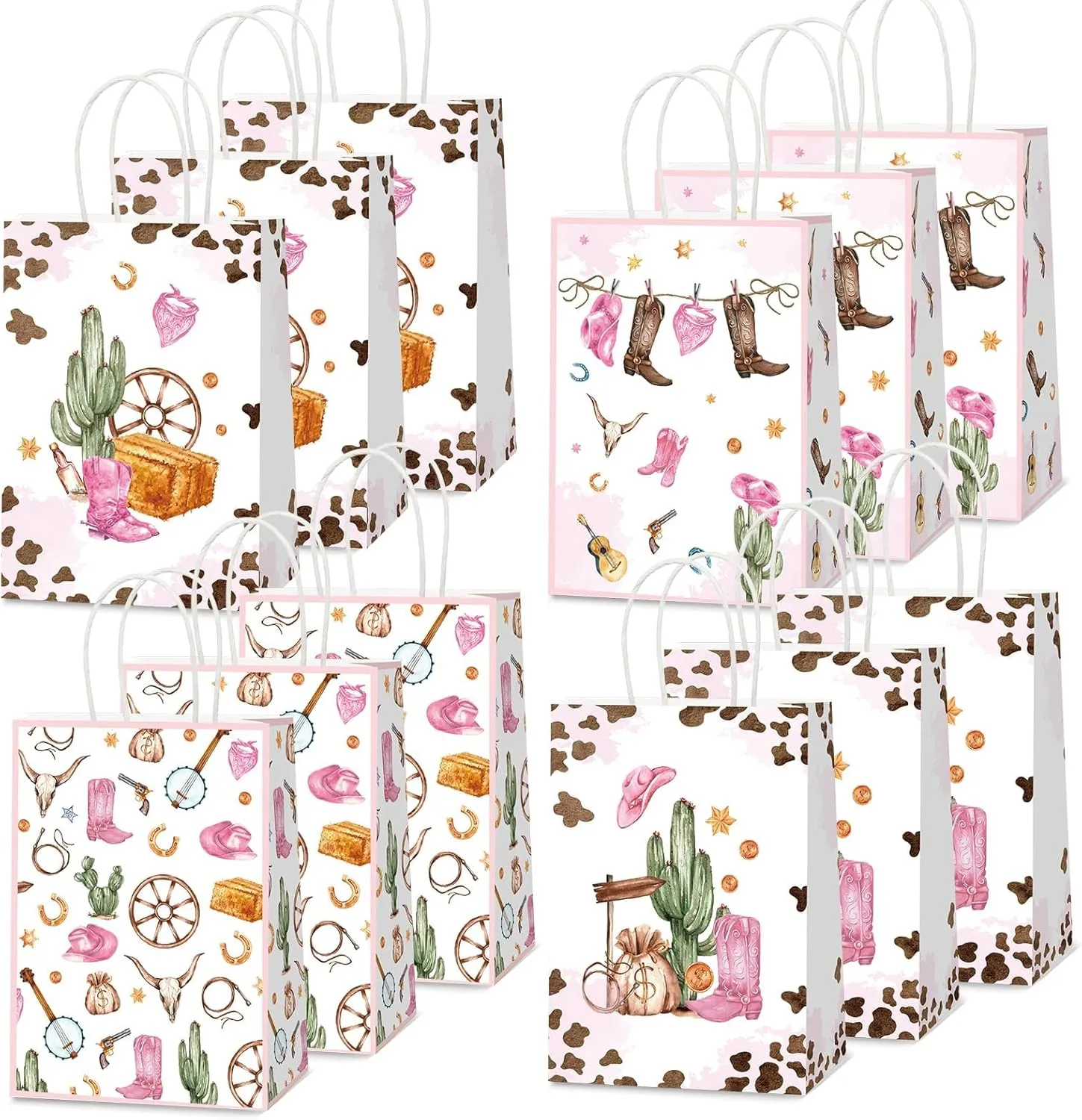 Naozinebi 12PCS Cowgirl Party Favors Bags Girl Pink Western Party Treat Bags Rodeo Pink Birthday Paper Goodie Bags Wild West Cow Print Party Gift Bags Bulk for Baby Shower Birthday Party Decorations