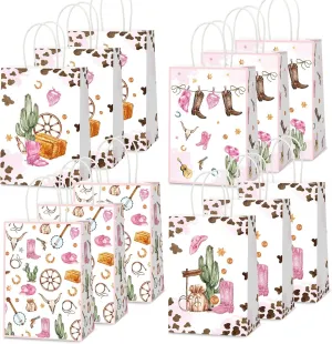 Naozinebi 12PCS Cowgirl Party Favors Bags Girl Pink Western Party Treat Bags Rodeo Pink Birthday Paper Goodie Bags Wild West Cow Print Party Gift Bags Bulk for Baby Shower Birthday Party Decorations