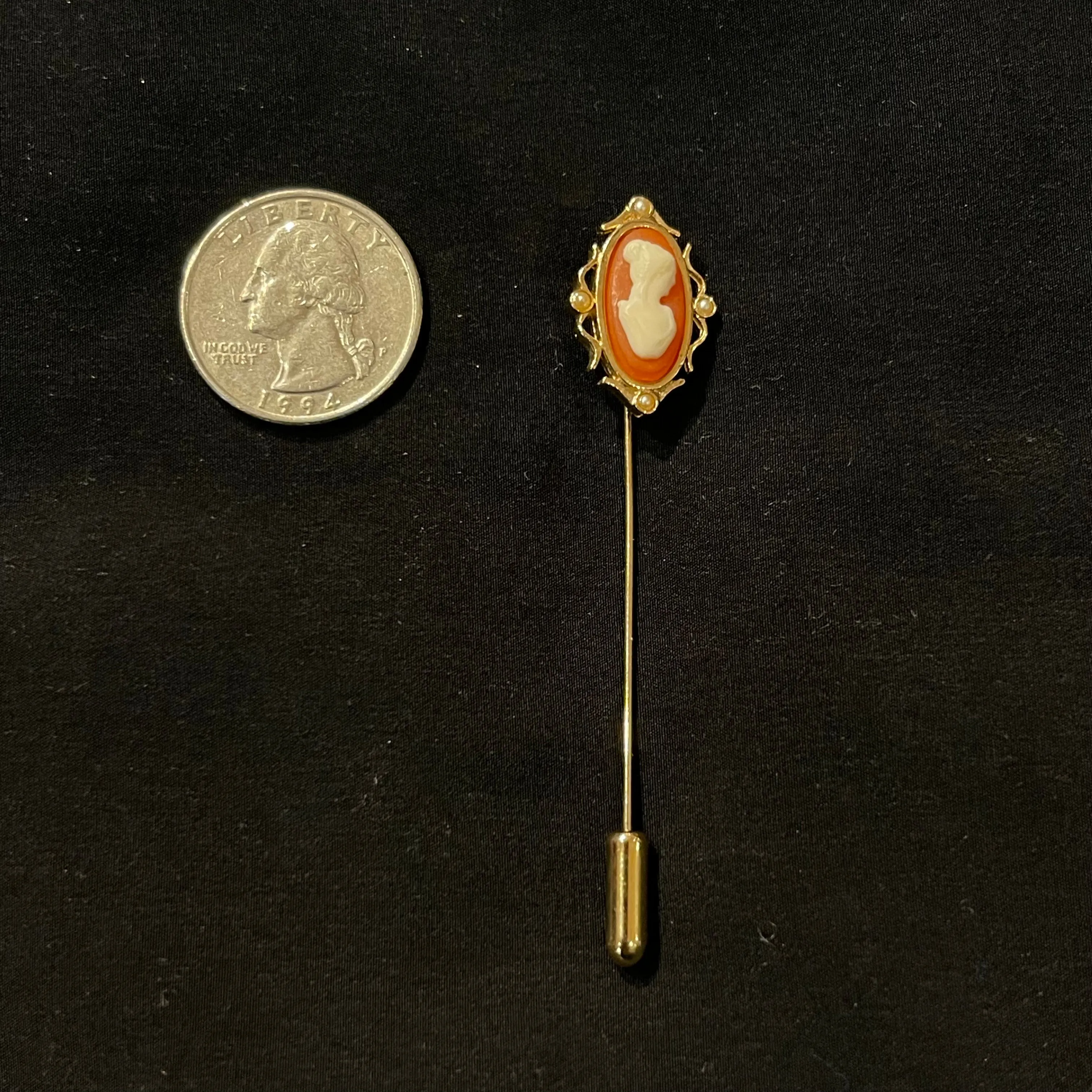 Narrow Short Burnt Orange & White Vintage Cameo Stick Pin