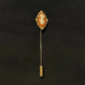 Narrow Short Burnt Orange & White Vintage Cameo Stick Pin