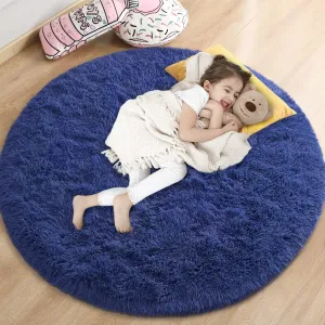 Navy Blue Round Rug for Girls Bedroom, Fluffy Circle Rug 4'X4' for Kids Room Decor, Shaggy Circular Rug for Baby Nursery Dorm, Upgrade Fuzzy Plush Rug for Living room, Cute Room Decor for Teens