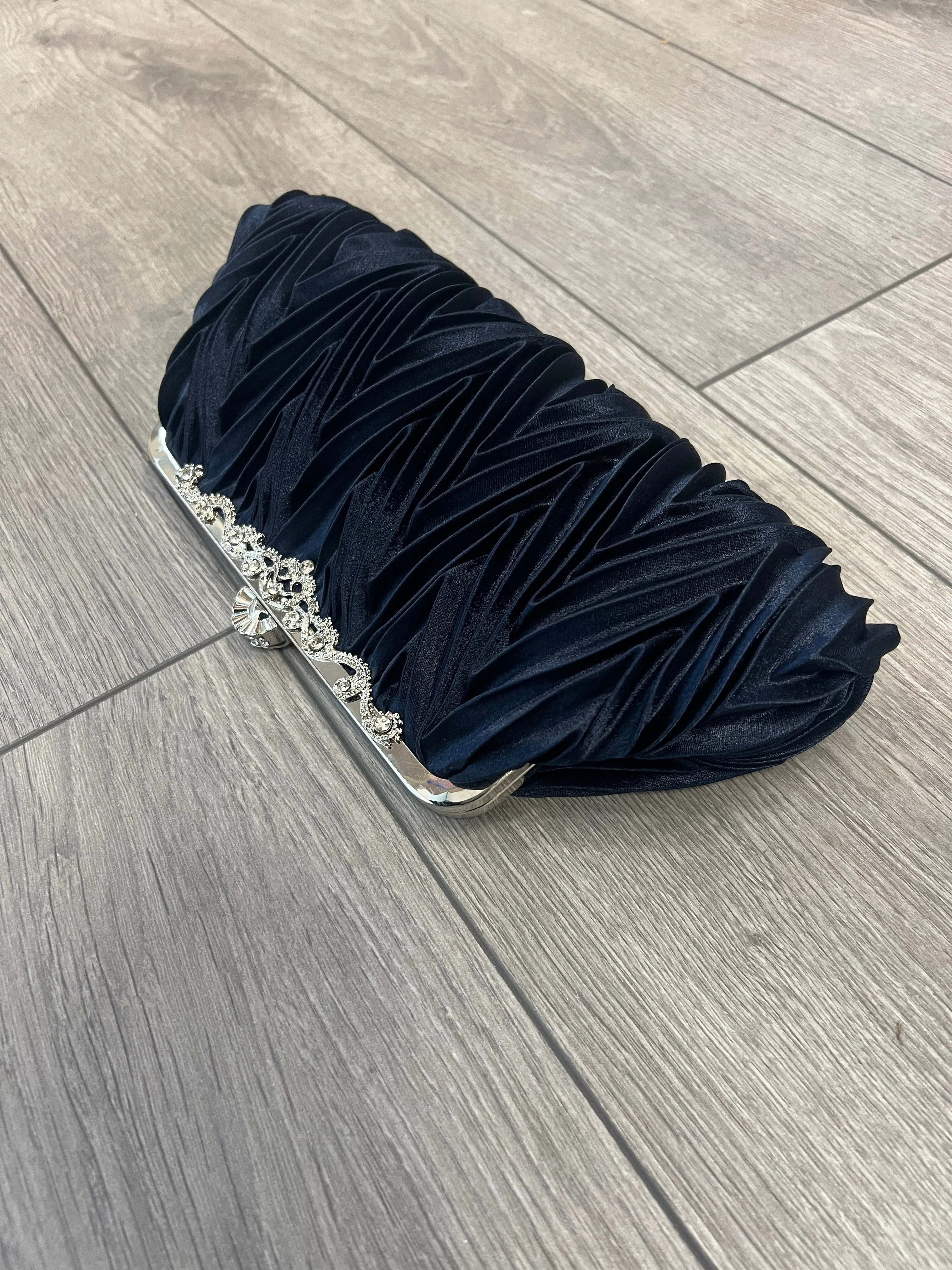 Navy Satin Art Deco Detail Clutch Bag