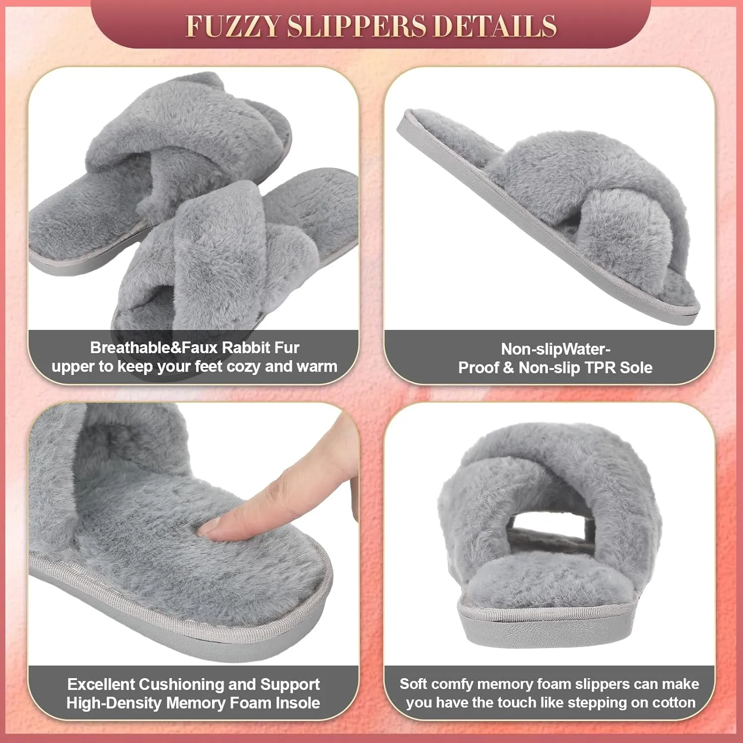 Newcotte 4 Pairs Women's Fuzzy Slippers Bridesmaid Slippers Open Toe Cross Band Plush Furry House Soft Fluffy Cozy