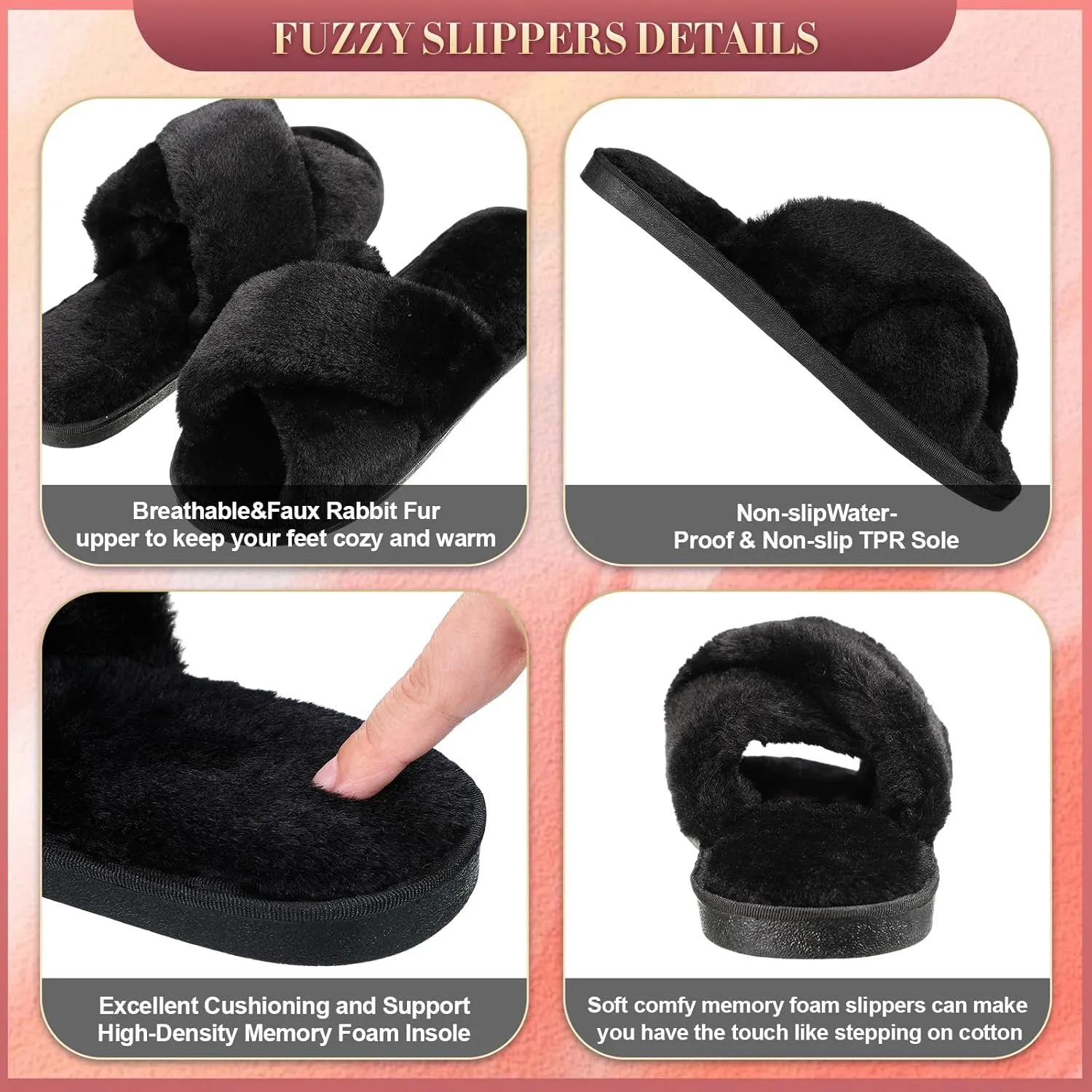 Newcotte 4 Pairs Women's Fuzzy Slippers Bridesmaid Slippers Open Toe Cross Band Plush Furry House Soft Fluffy Cozy