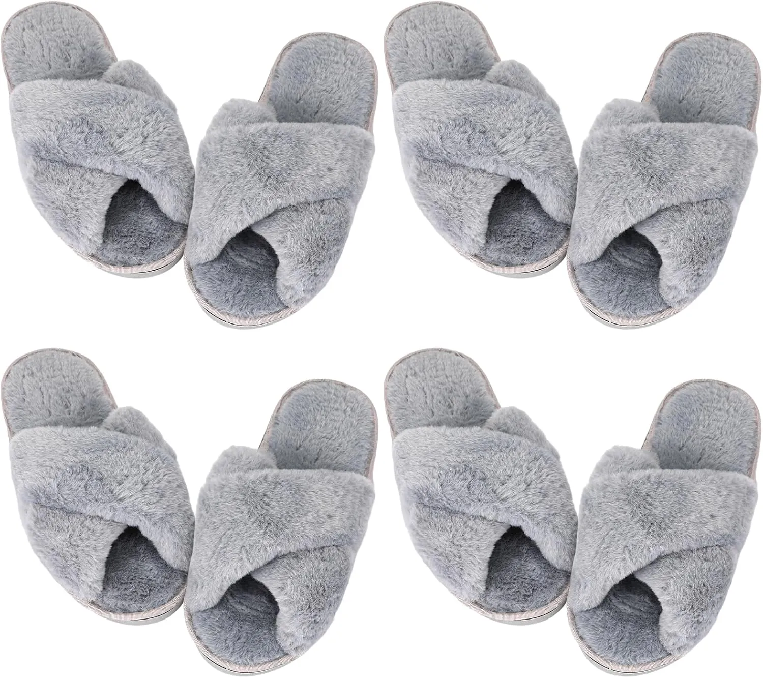 Newcotte 4 Pairs Women's Fuzzy Slippers Bridesmaid Slippers Open Toe Cross Band Plush Furry House Soft Fluffy Cozy