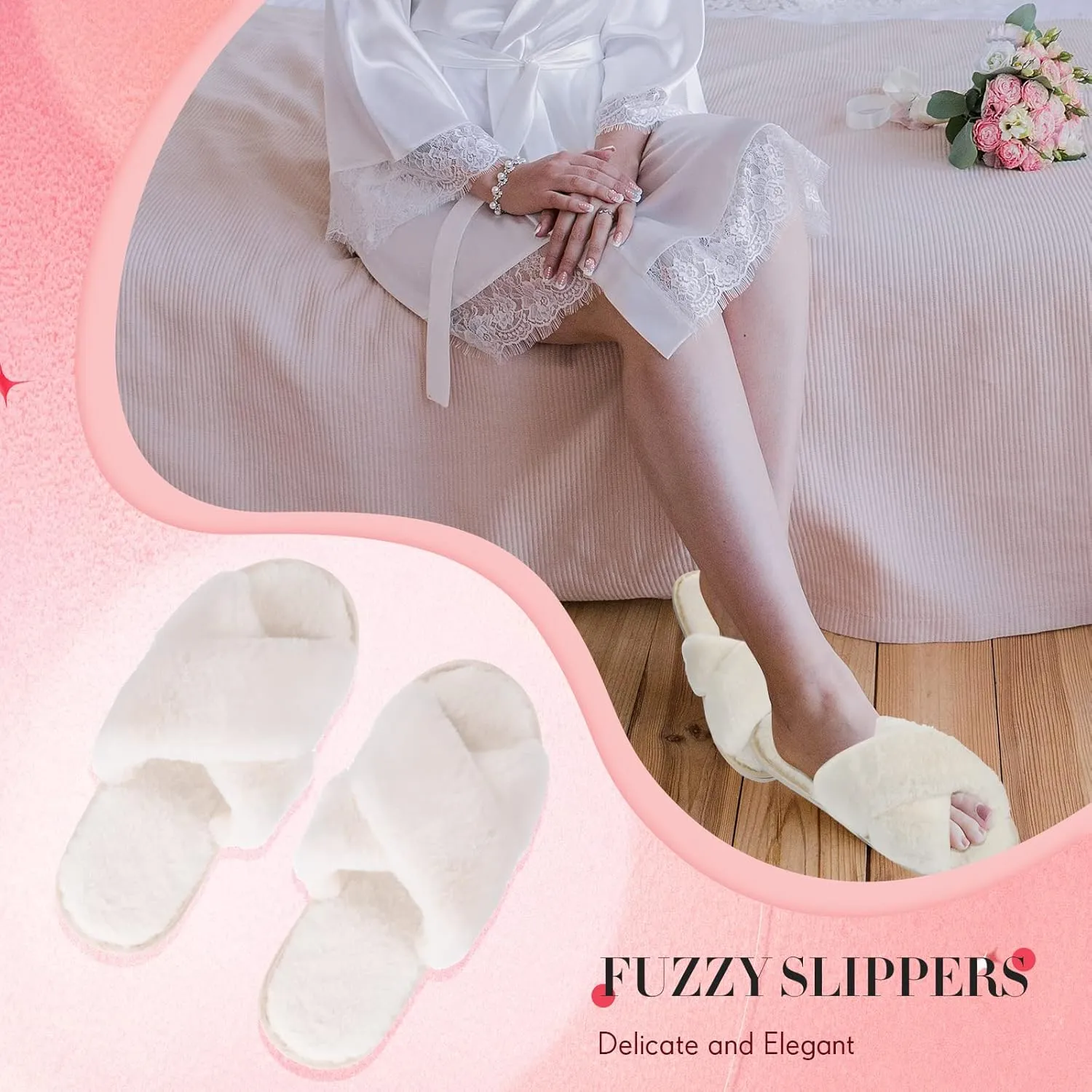 Newcotte 4 Pairs Women's Fuzzy Slippers Bridesmaid Slippers Open Toe Cross Band Plush Furry House Soft Fluffy Cozy