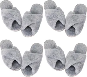 Newcotte 4 Pairs Women's Fuzzy Slippers Bridesmaid Slippers Open Toe Cross Band Plush Furry House Soft Fluffy Cozy