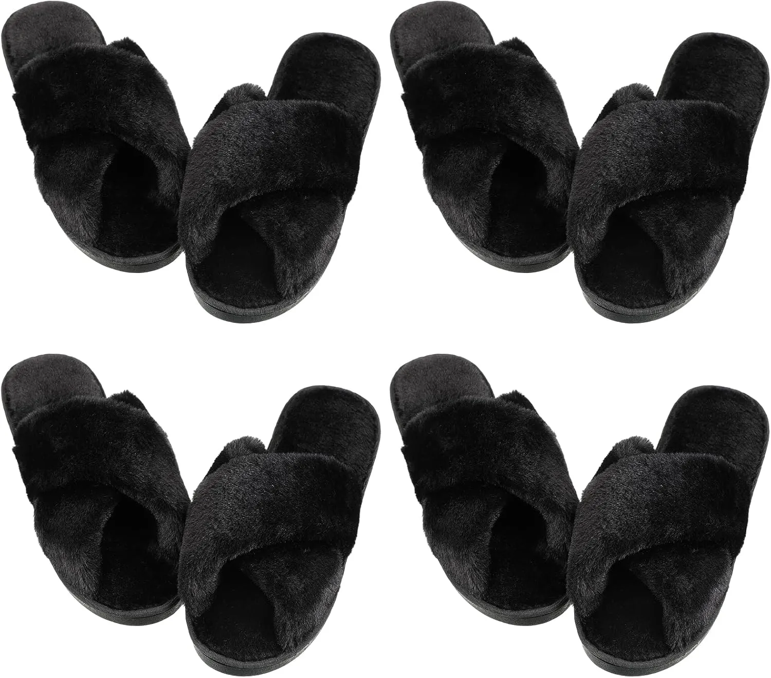 Newcotte 4 Pairs Women's Fuzzy Slippers Bridesmaid Slippers Open Toe Cross Band Plush Furry House Soft Fluffy Cozy