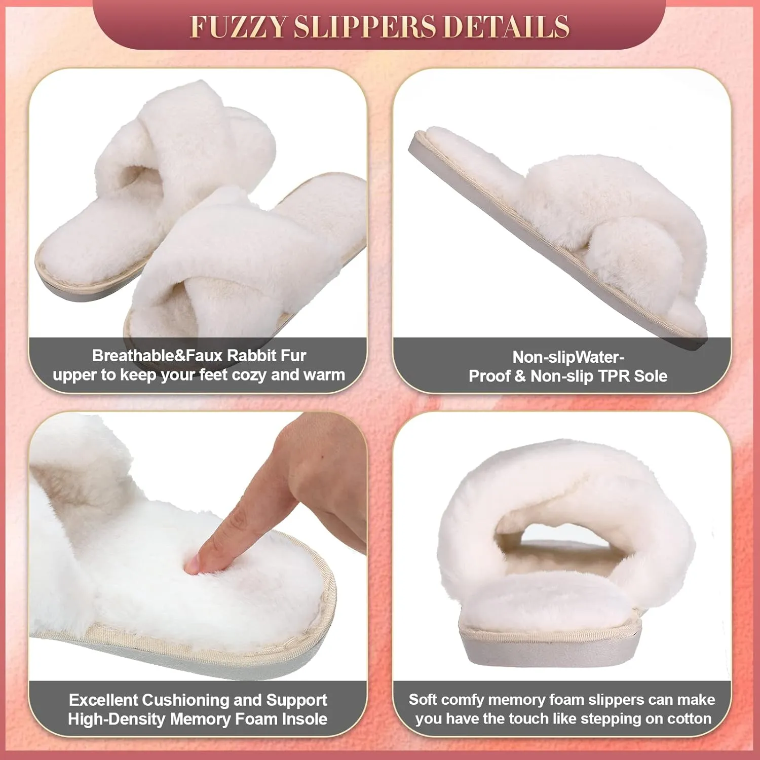 Newcotte 4 Pairs Women's Fuzzy Slippers Bridesmaid Slippers Open Toe Cross Band Plush Furry House Soft Fluffy Cozy