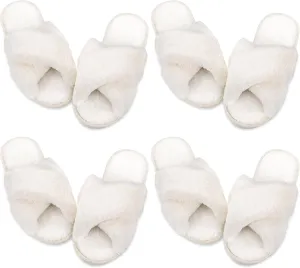 Newcotte 4 Pairs Women's Fuzzy Slippers Bridesmaid Slippers Open Toe Cross Band Plush Furry House Soft Fluffy Cozy