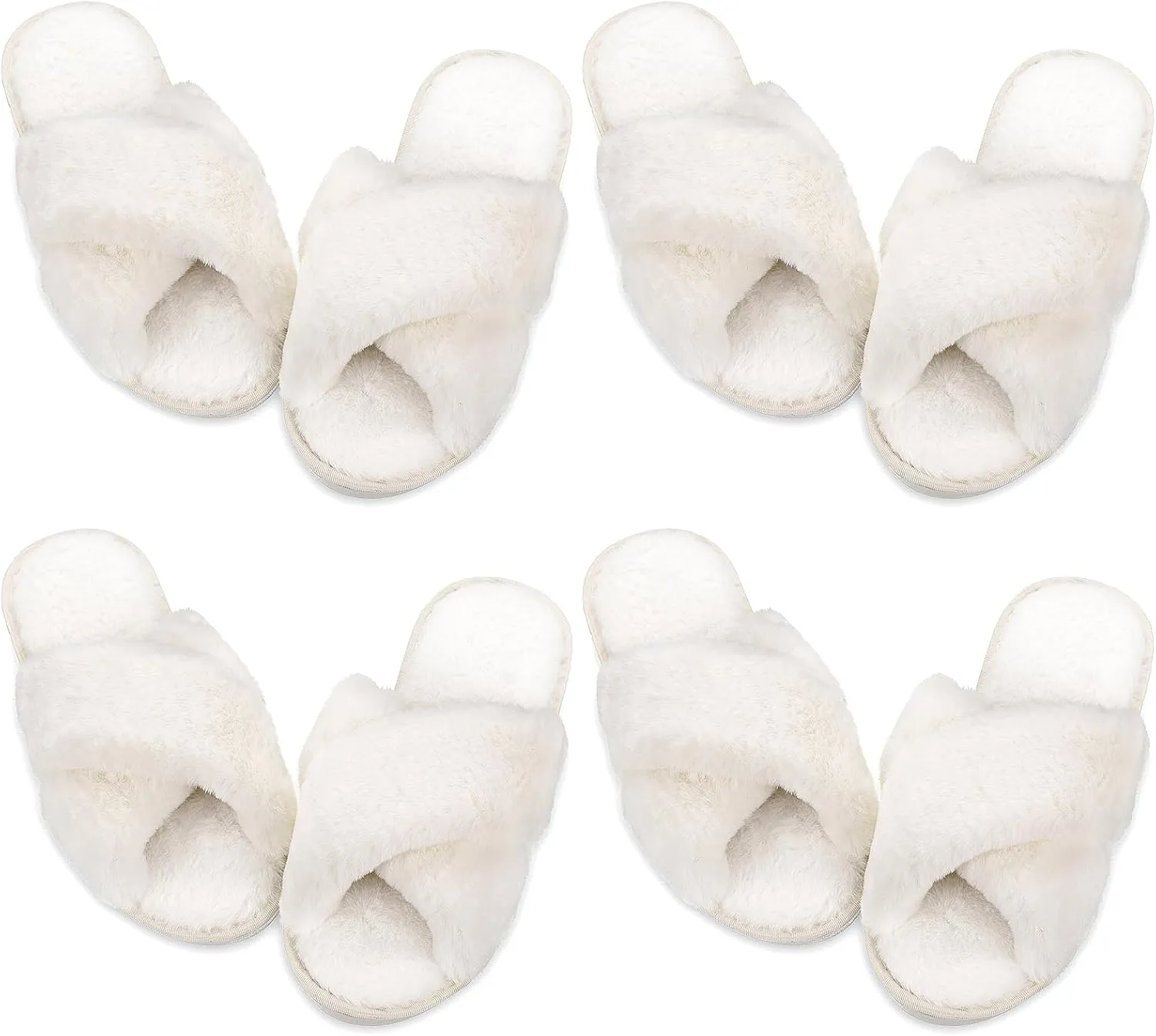 Newcotte 4 Pairs Women's Fuzzy Slippers Bridesmaid Slippers Open Toe Cross Band Plush Furry House Soft Fluffy Cozy