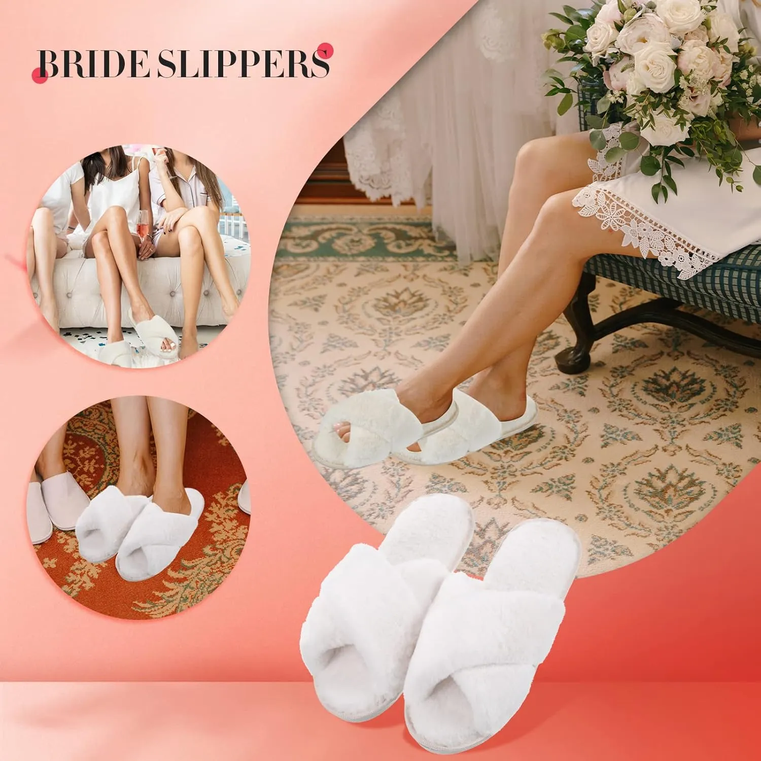 Newcotte 4 Pairs Women's Fuzzy Slippers Bridesmaid Slippers Open Toe Cross Band Plush Furry House Soft Fluffy Cozy