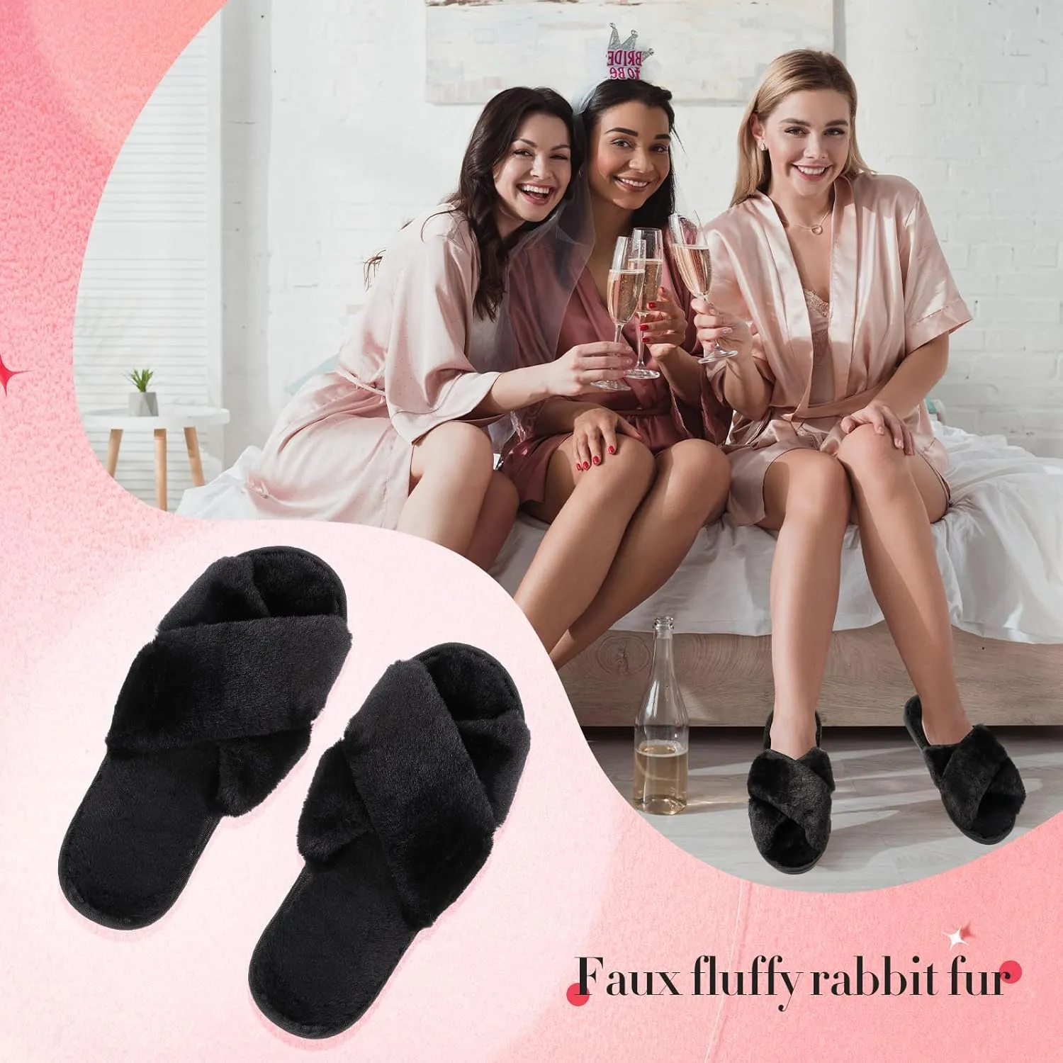 Newcotte 4 Pairs Women's Fuzzy Slippers Bridesmaid Slippers Open Toe Cross Band Plush Furry House Soft Fluffy Cozy
