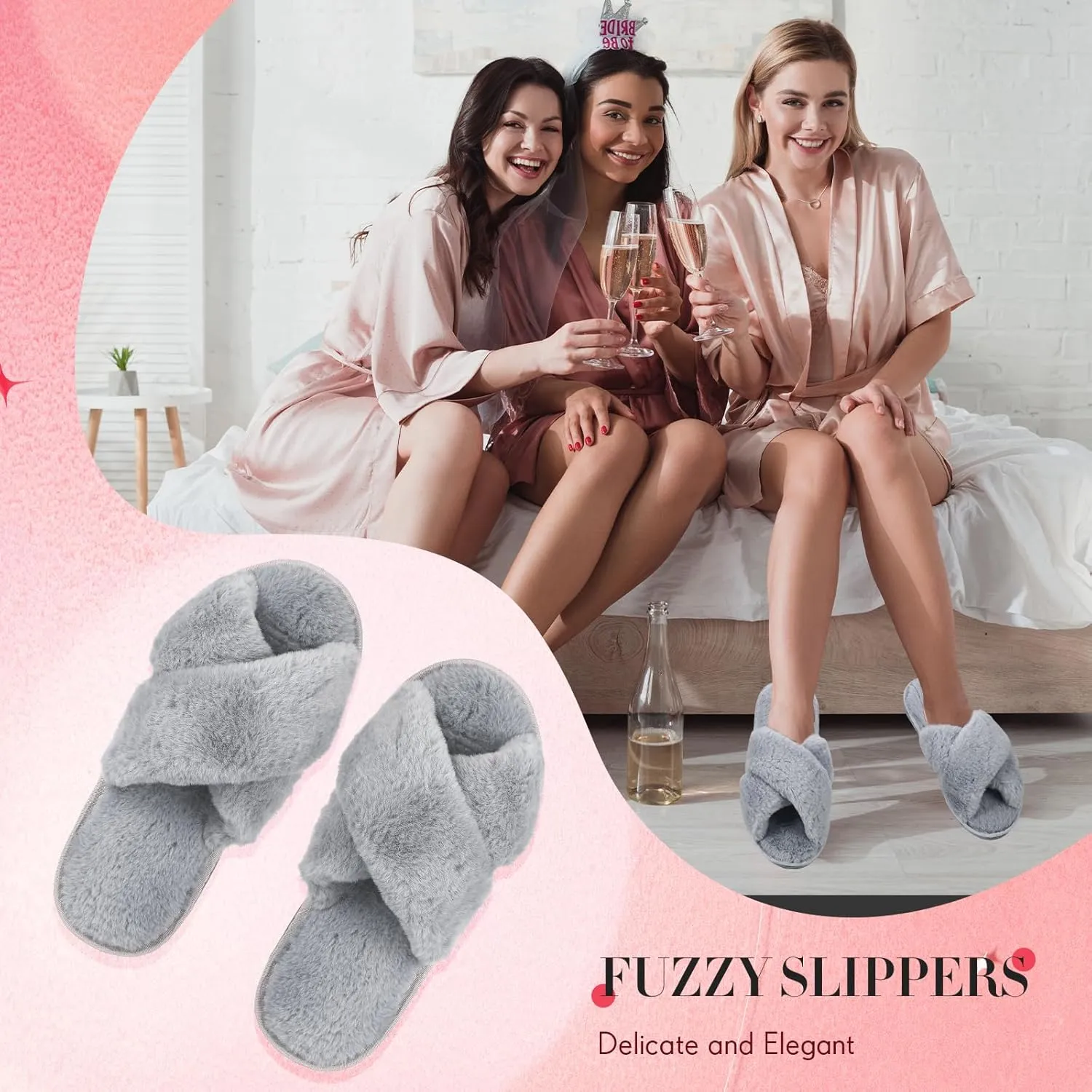 Newcotte 4 Pairs Women's Fuzzy Slippers Bridesmaid Slippers Open Toe Cross Band Plush Furry House Soft Fluffy Cozy