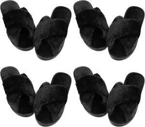 Newcotte 4 Pairs Women's Fuzzy Slippers Bridesmaid Slippers Open Toe Cross Band Plush Furry House Soft Fluffy Cozy