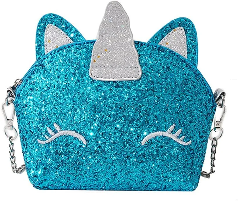 Newfancy Girls Unicorn Sequin Glitter Crossbody Shoulder Purse Handbag Women Satchel Tote Shell Bag, Bling Blue
