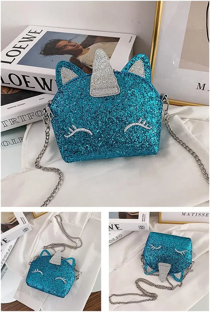 Newfancy Girls Unicorn Sequin Glitter Crossbody Shoulder Purse Handbag Women Satchel Tote Shell Bag, Bling Blue