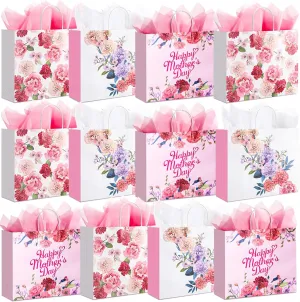 Nuenen 12 Pcs Mother's Day Gift Bags with Handles and Tissue Floral Paper Happy Mother's Day Gift Wrap Bags Party Decorations for Mom Grandma Sister Wife(13 x 11 x 4.3 Inch)