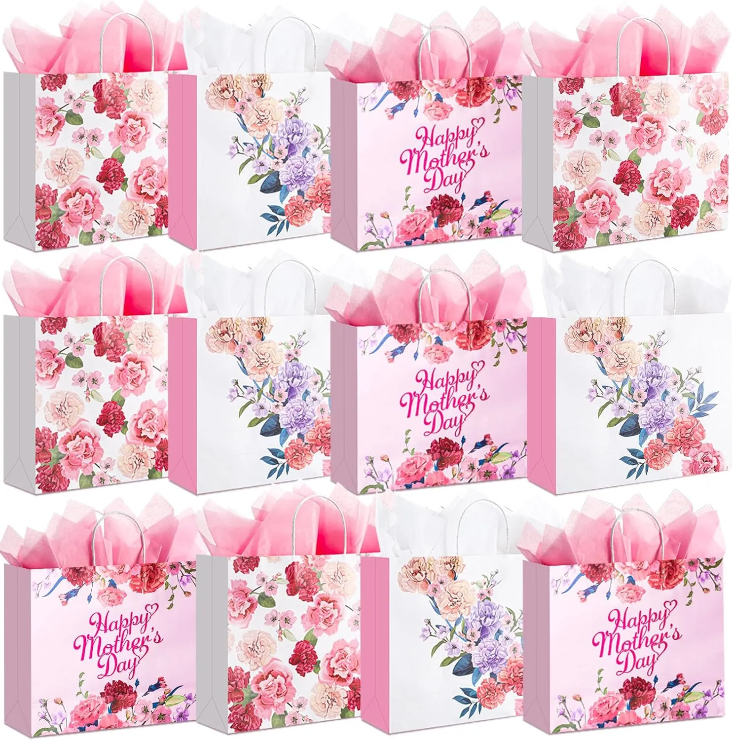 Nuenen 12 Pcs Mother's Day Gift Bags with Handles and Tissue Floral Paper Happy Mother's Day Gift Wrap Bags Party Decorations for Mom Grandma Sister Wife(13 x 11 x 4.3 Inch)