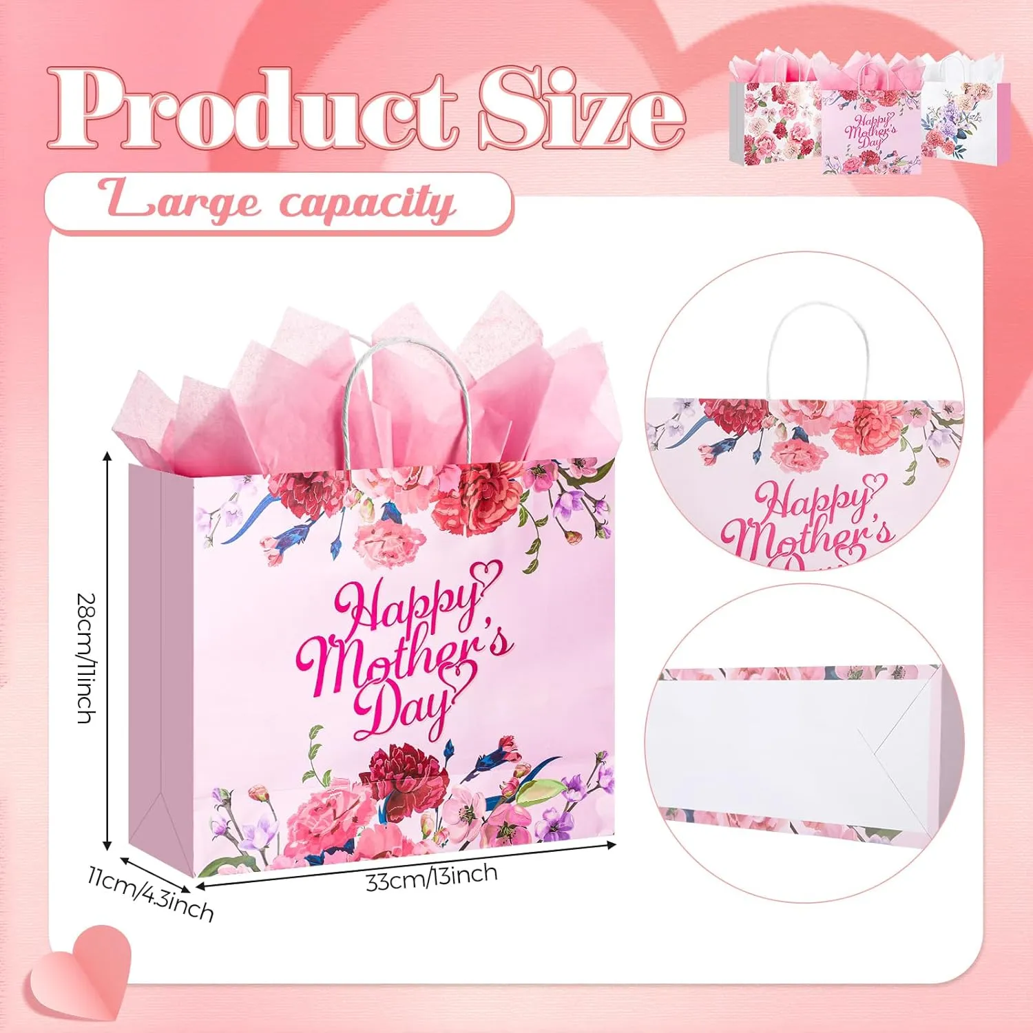 Nuenen 12 Pcs Mother's Day Gift Bags with Handles and Tissue Floral Paper Happy Mother's Day Gift Wrap Bags Party Decorations for Mom Grandma Sister Wife(13 x 11 x 4.3 Inch)