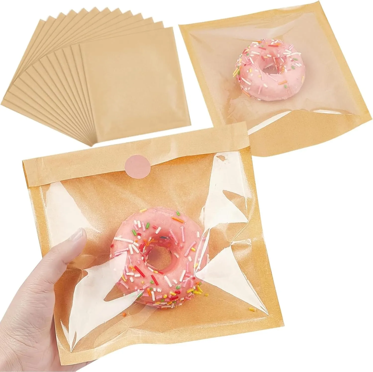Ocmoiy 400ct Heat-Sealable Bakery Bags With Window for Cookies Packaging, 7.1x7.5 Inches Clear Front Paper Treat To Go, Grease-Resistant Egg Sandwich (400)