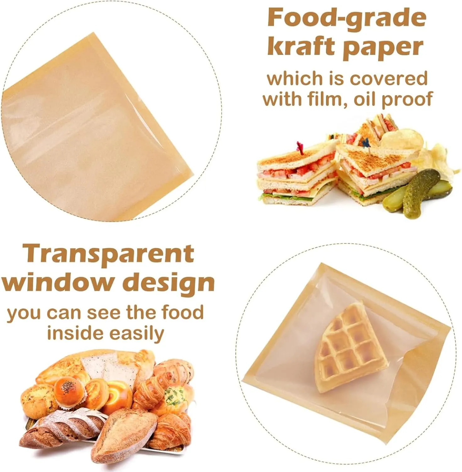 Ocmoiy 400ct Heat-Sealable Bakery Bags With Window for Cookies Packaging, 7.1x7.5 Inches Clear Front Paper Treat To Go, Grease-Resistant Egg Sandwich (400)