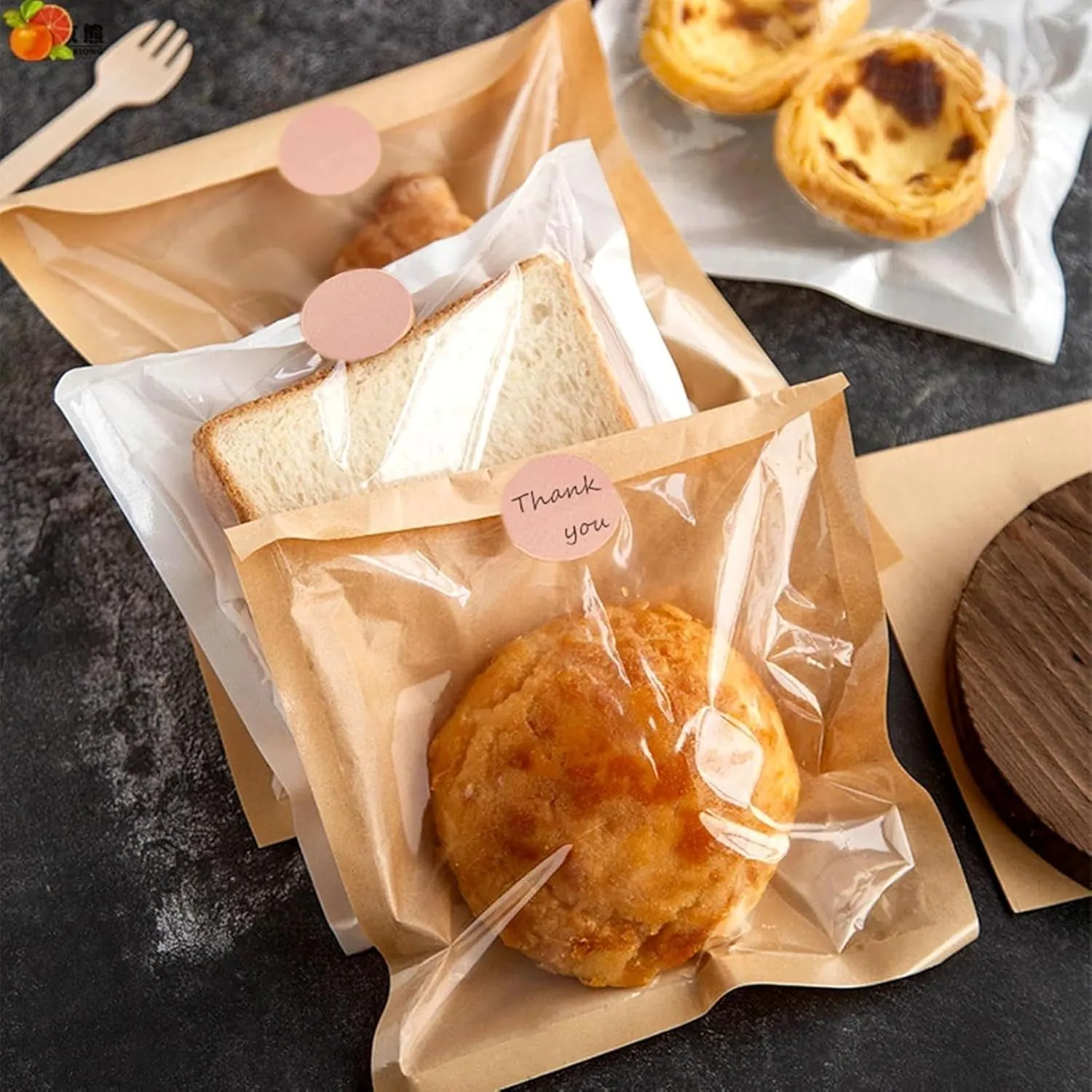 Ocmoiy 400ct Heat-Sealable Bakery Bags With Window for Cookies Packaging, 7.1x7.5 Inches Clear Front Paper Treat To Go, Grease-Resistant Egg Sandwich (400)