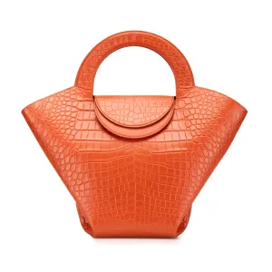 Orange Bottega Veneta Crocodile Embossed Doll Top Handle Tote
