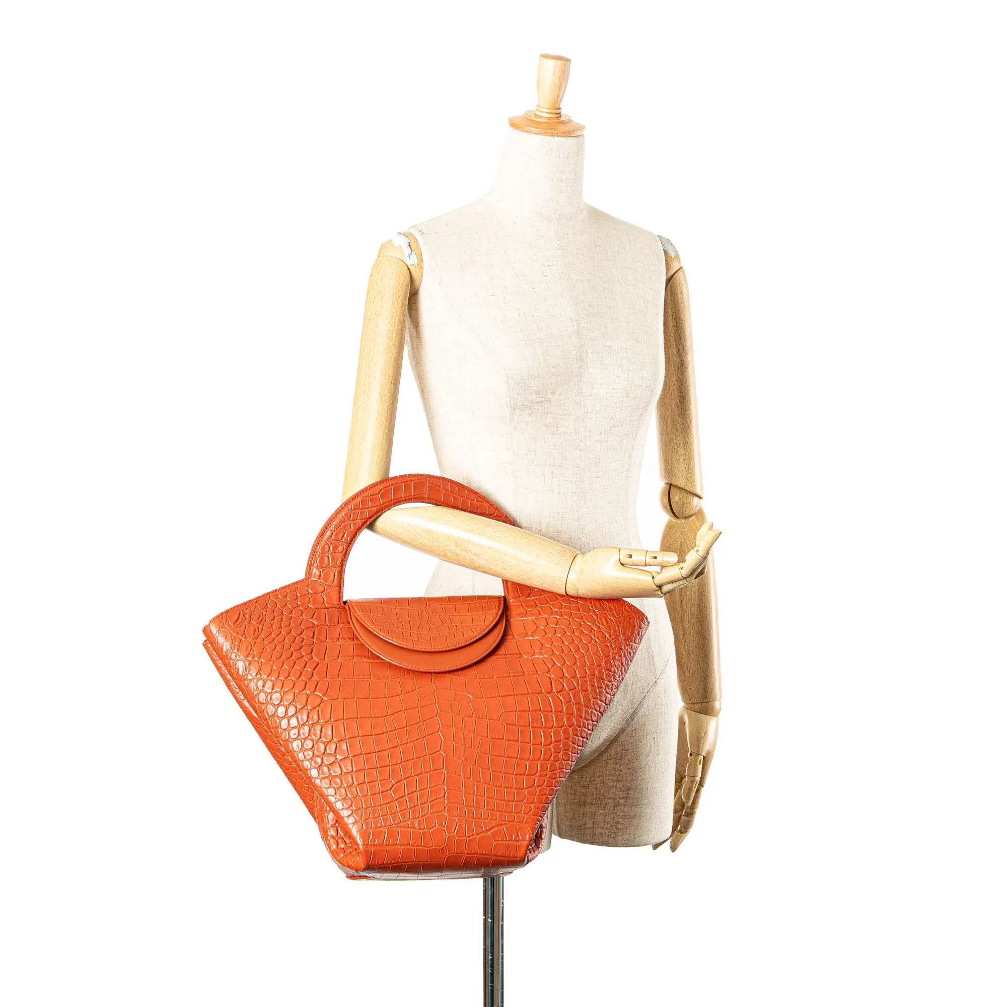 Orange Bottega Veneta Crocodile Embossed Doll Top Handle Tote