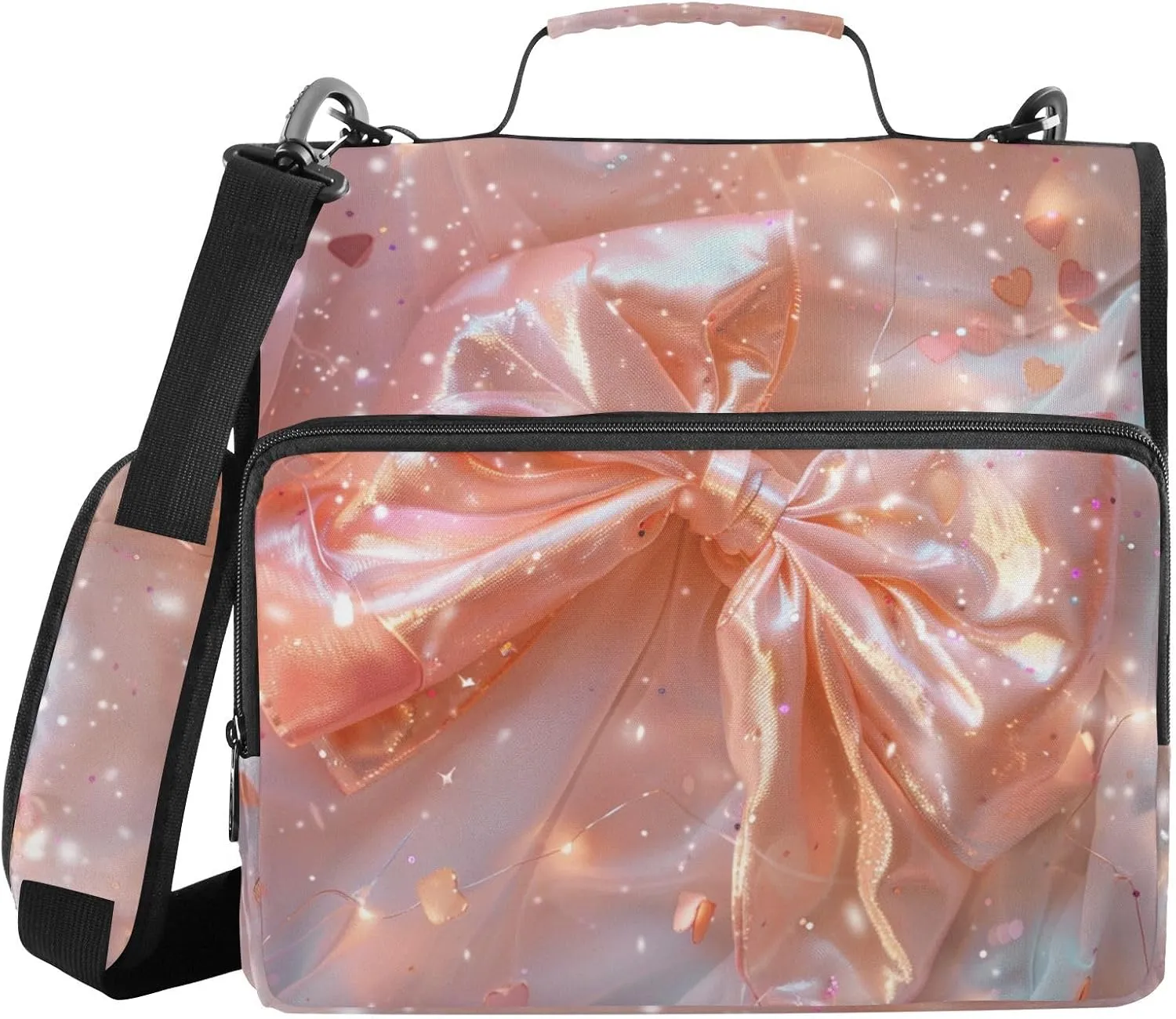 Orange Bow Shimmer Sparkly Zipper Binder with Shoulder Strap Trapper Keeper 3 Ring Binder Organizer Large Capacity Multiple Compartments for School Office