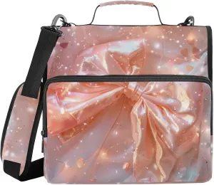 Orange Bow Shimmer Sparkly Zipper Binder with Shoulder Strap Trapper Keeper 3 Ring Binder Organizer Large Capacity Multiple Compartments for School Office