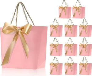 Outus 12 Pcs Bridal Paper Gift Bags Thank You Favor Bags with Handle Ribbon Bow Tags Wedding Shower Bag for Guest Bridesmaid Anniversary Party Holiday Birthday Gift Wrapping(Pink)