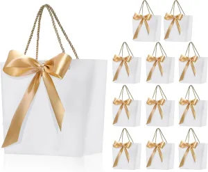 Outus 12 Pcs Bridal Paper Gift Bags Thank You Favor Bags with Handle Ribbon Bow Tags Wedding Shower Bag for Guest Bridesmaid Anniversary Party Holiday Birthday Gift Wrapping(White)