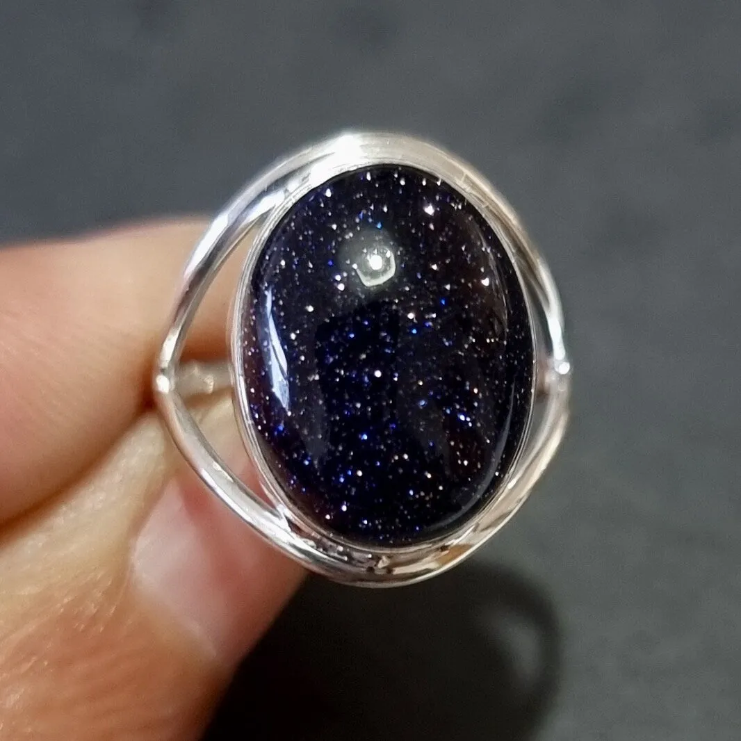 Oval Blue Goldstone Silver Ring, 15mm x 12mm, R80BSS