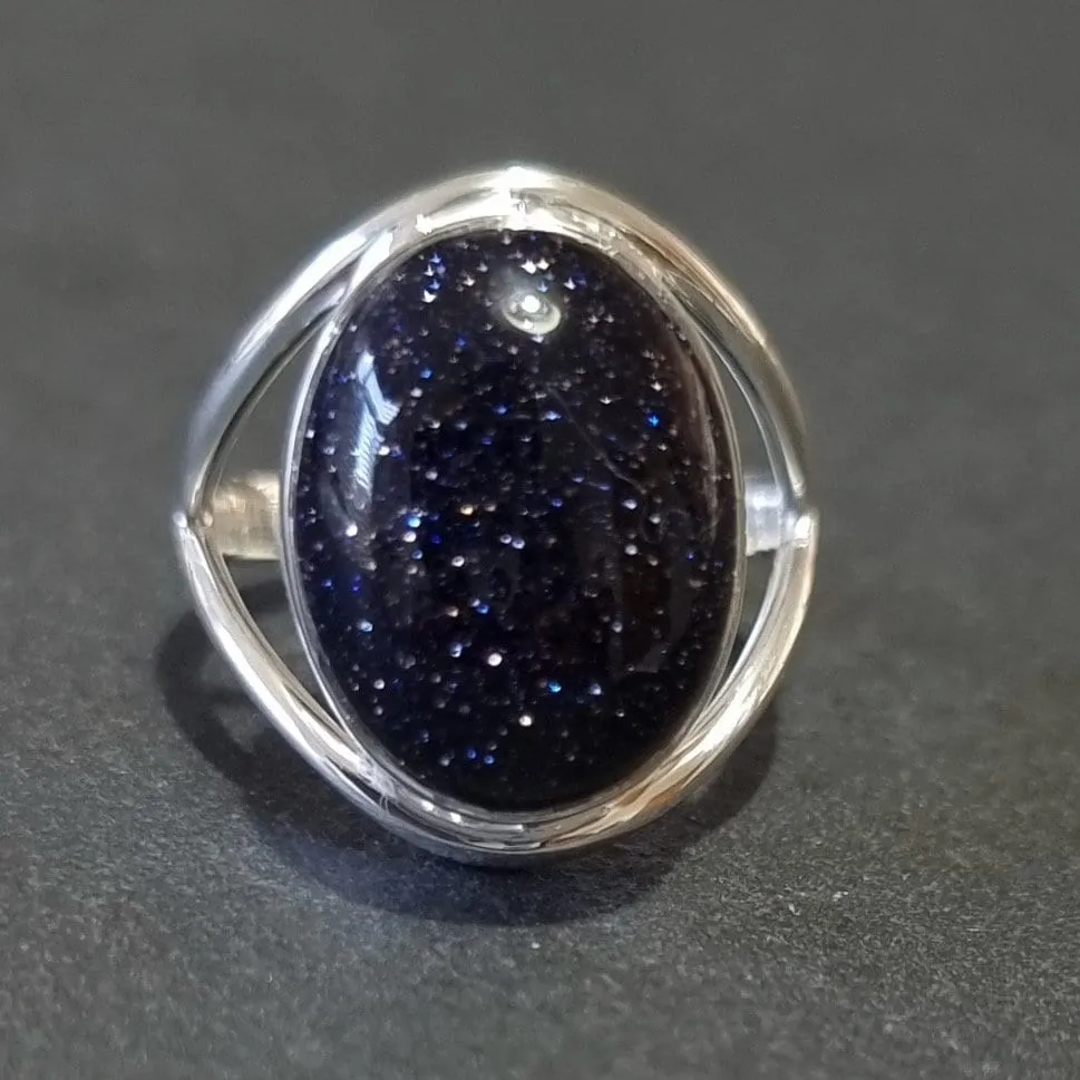 Oval Blue Goldstone Silver Ring, 15mm x 12mm, R80BSS