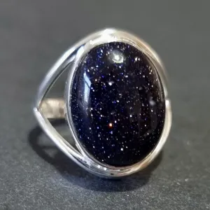 Oval Blue Goldstone Silver Ring, 15mm x 12mm, R80BSS